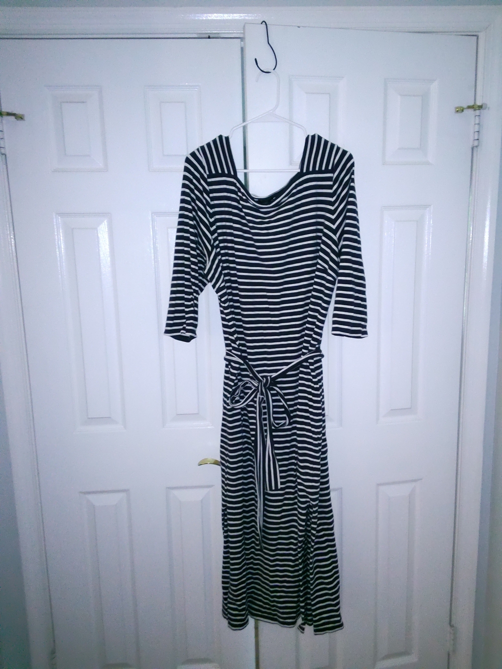 Talbots Black and White Striped Maxi Dress with Waist Tie